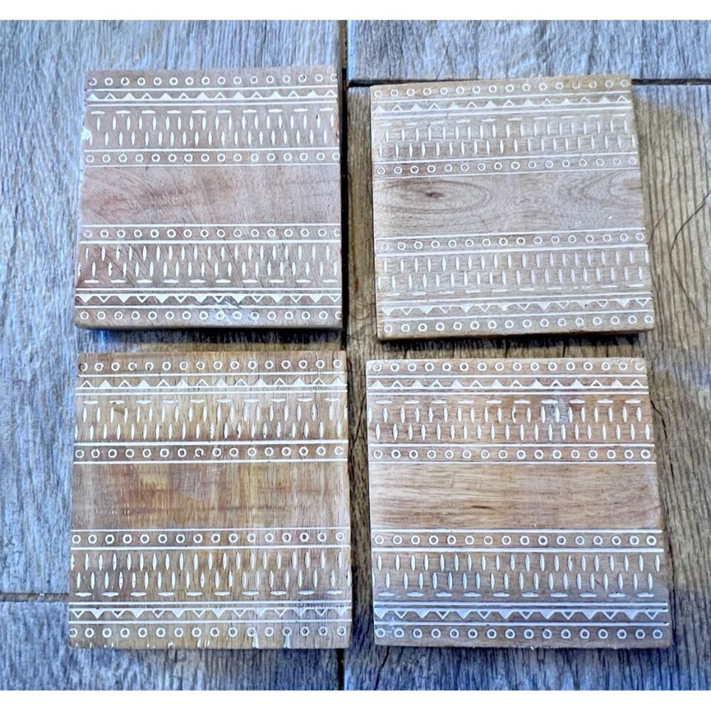 Wood Square Coasters Set Of 4 Etched Aztec Tribal Southwestern Drink Holder 4"